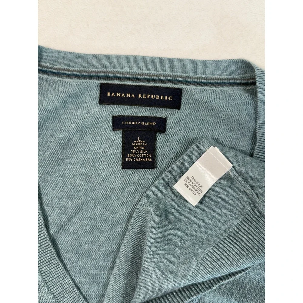 Banana Republic Mens L Silk Cotton Cashmere V-Neck Sweater Blue Teal Luxury